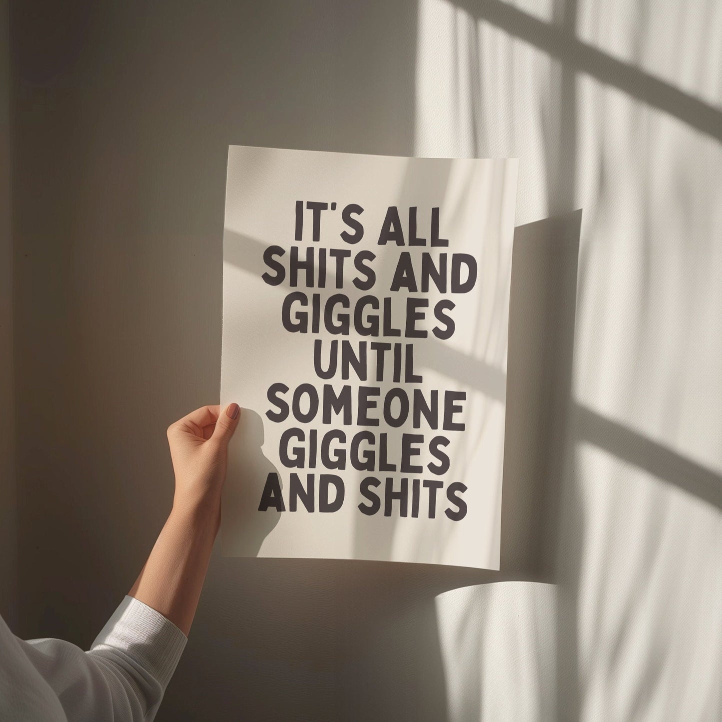 Shits And Giggles, Unframed Card Art Print, Funny Bathroom Wall Art, Cream and Black Print