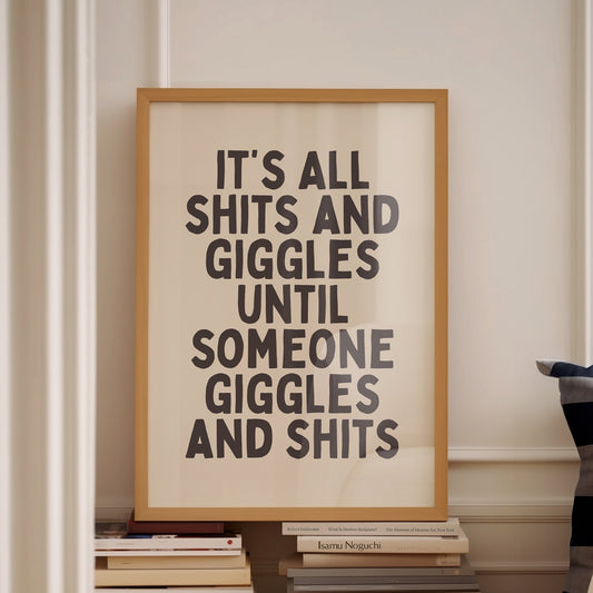 Shits And Giggles, Unframed Card Art Print, Funny Bathroom Wall Art, Cream and Black Print