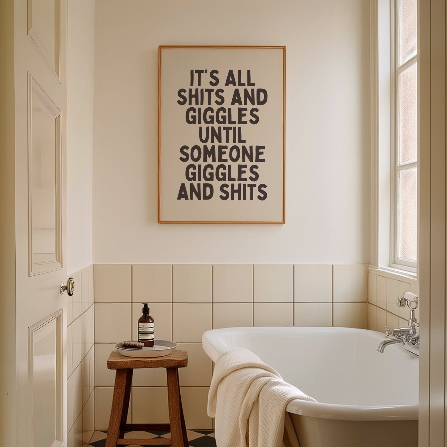 Shits And Giggles, Unframed Card Art Print, Funny Bathroom Wall Art, Cream and Black Print