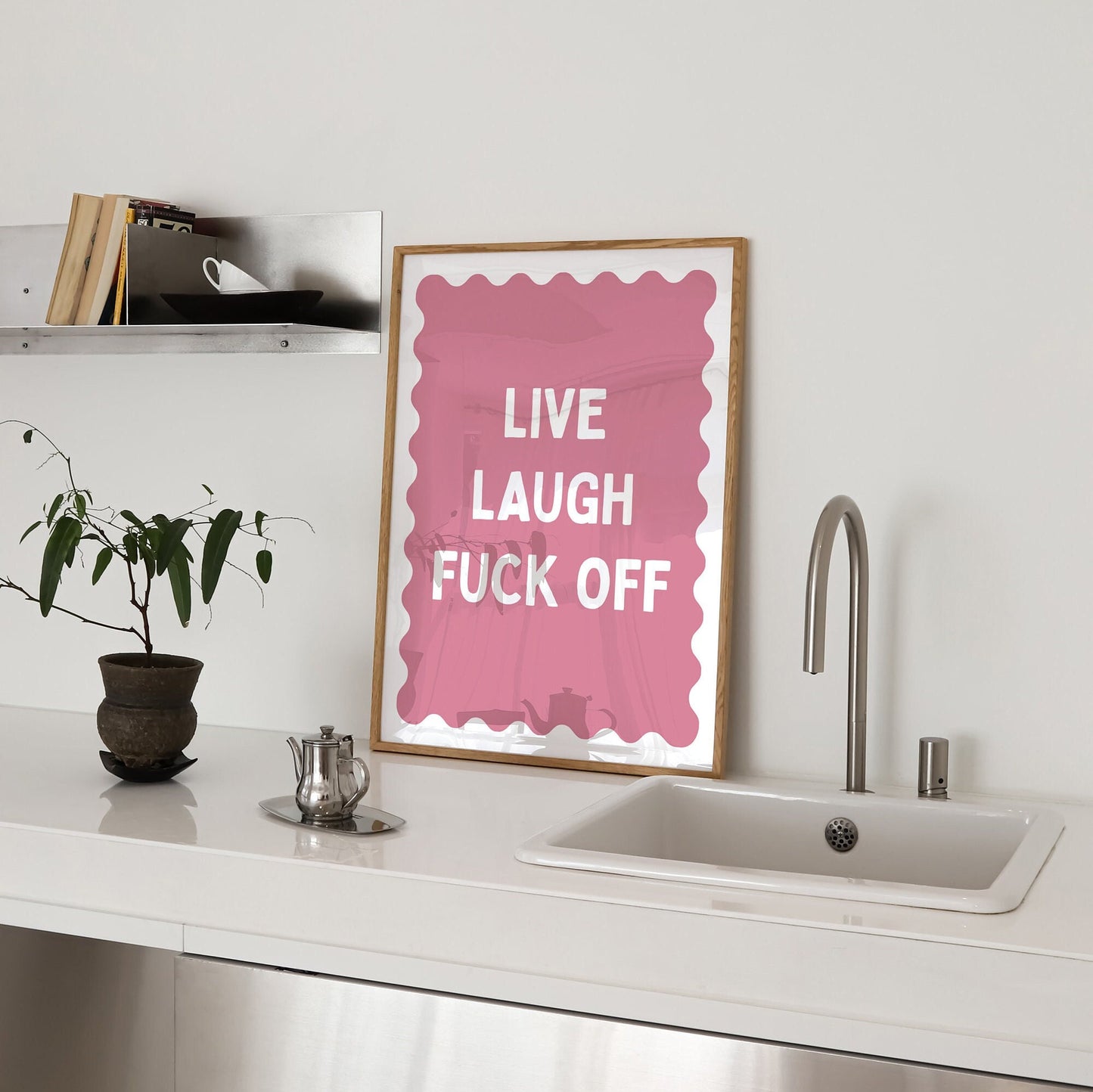 live laugh fuck off pink and white wall print