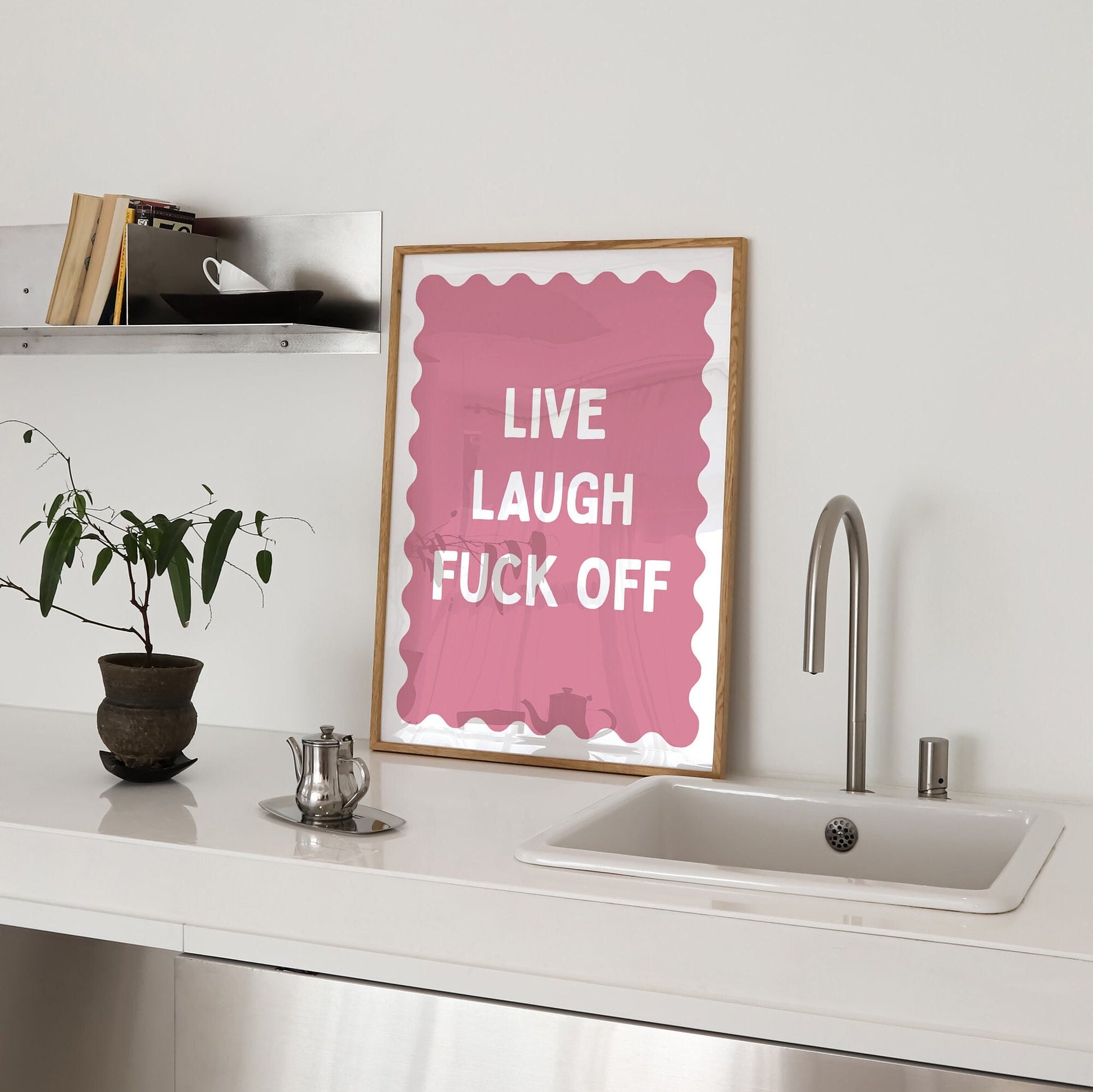live laugh fuck off pink and white wall print