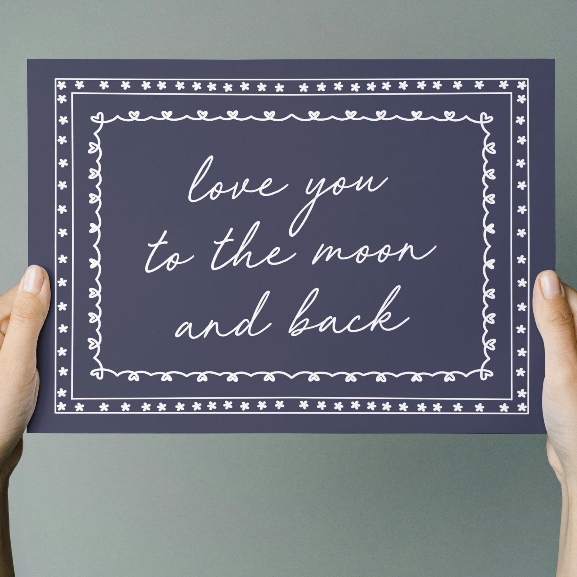 love you to the moon and back wall print navy and white