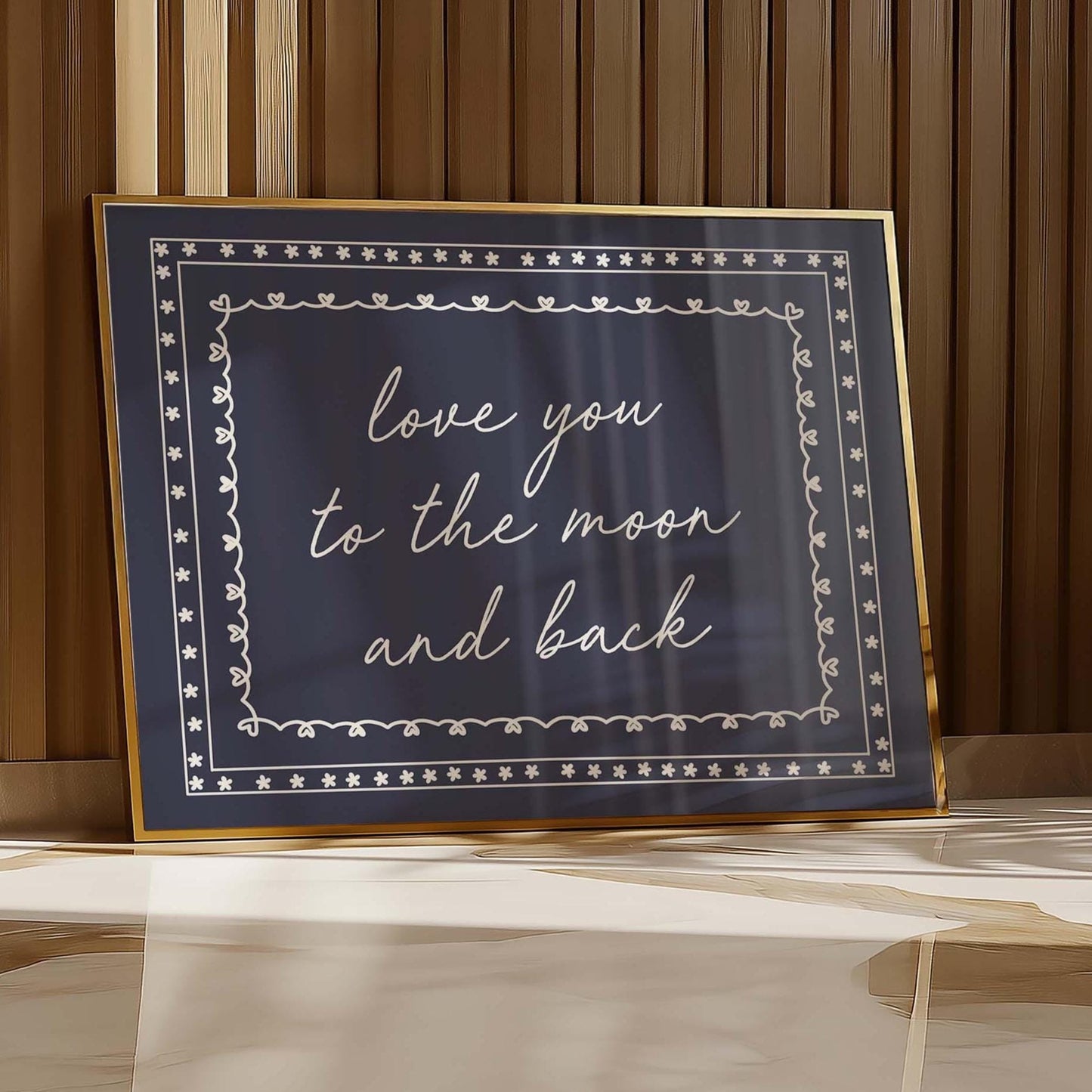 love you to the moon and back wall print navy and white