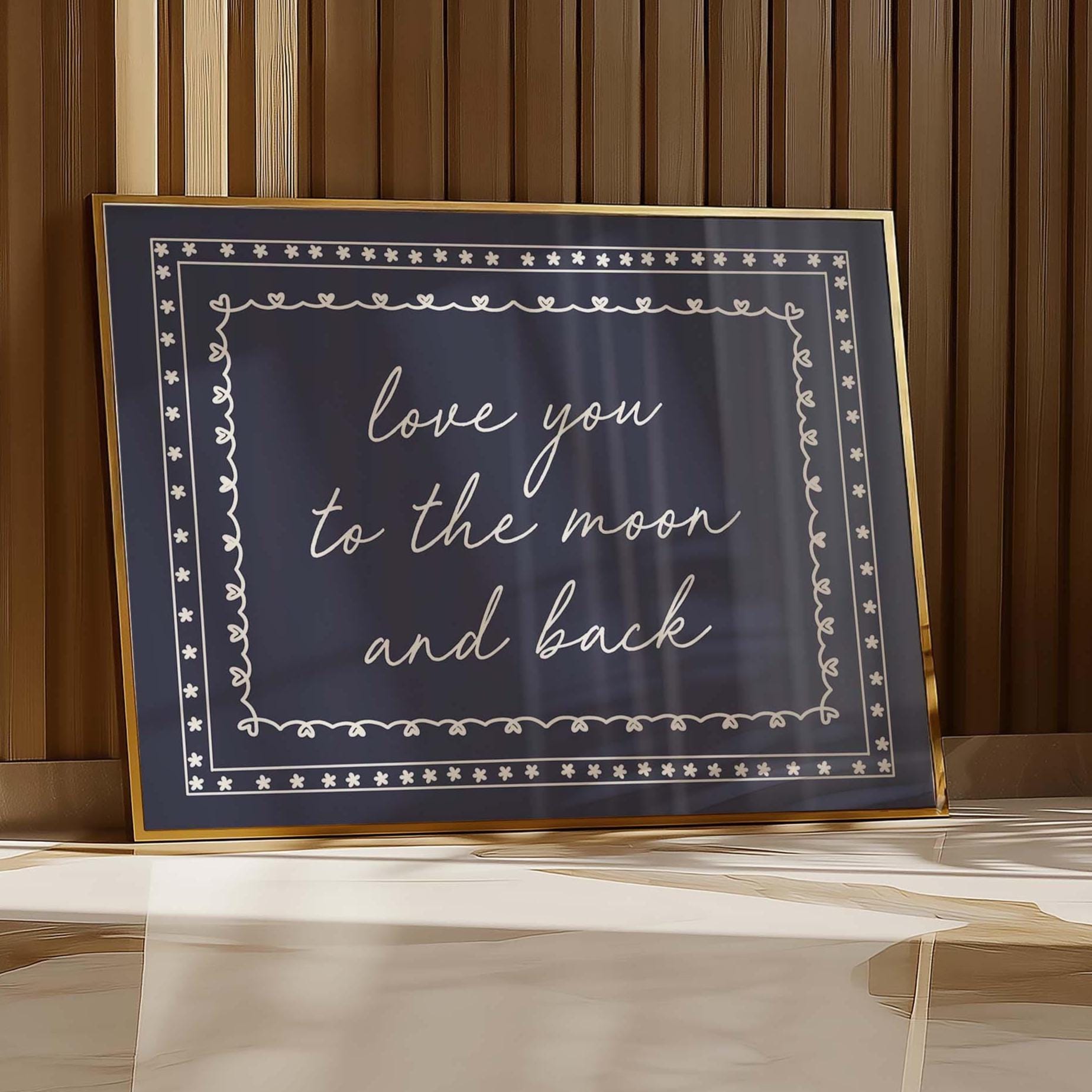 love you to the moon and back wall print navy and white
