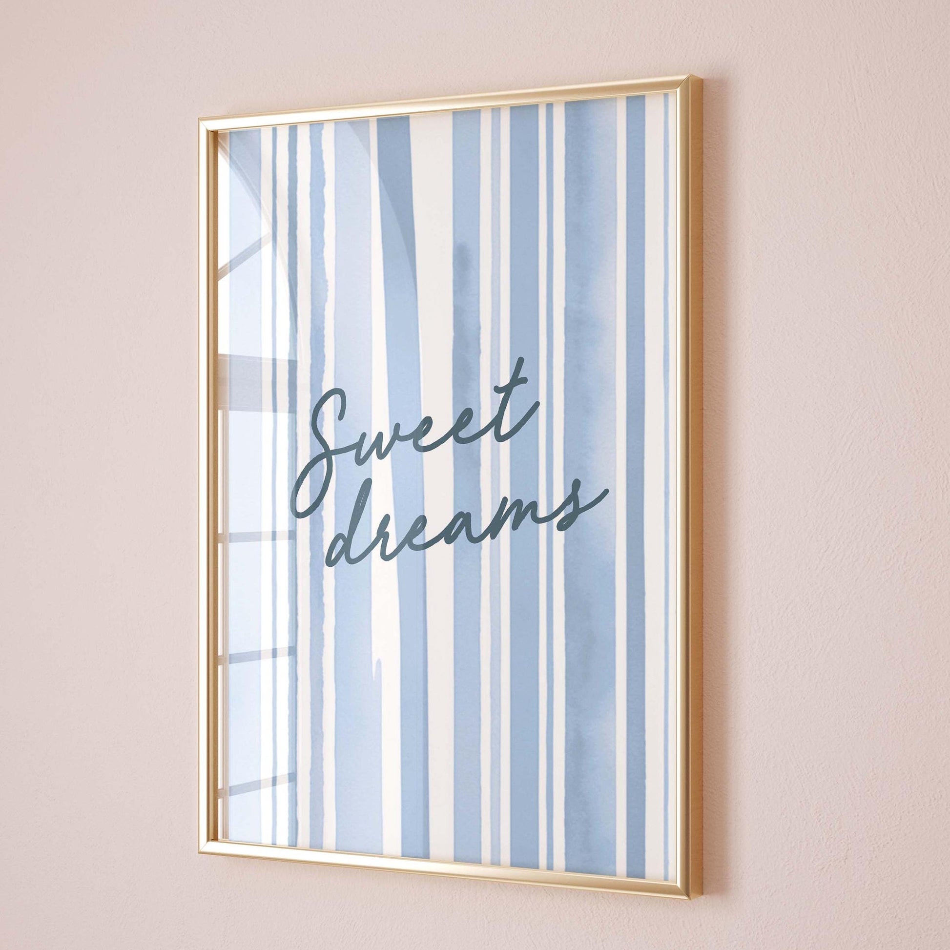 sweet dreams blue and white striped bedroom wall print