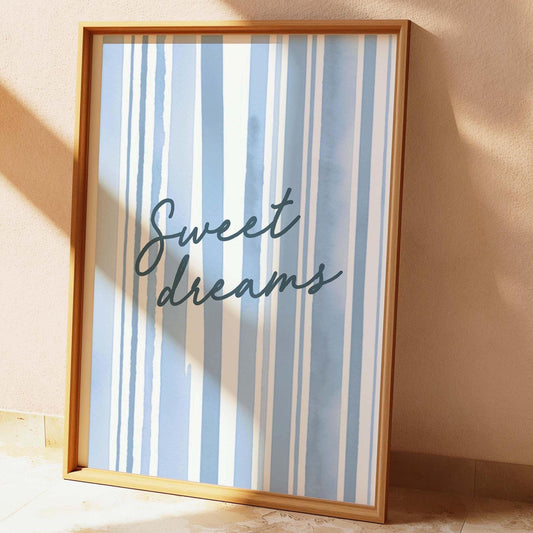 sweet dreams blue and white striped bedroom wall print