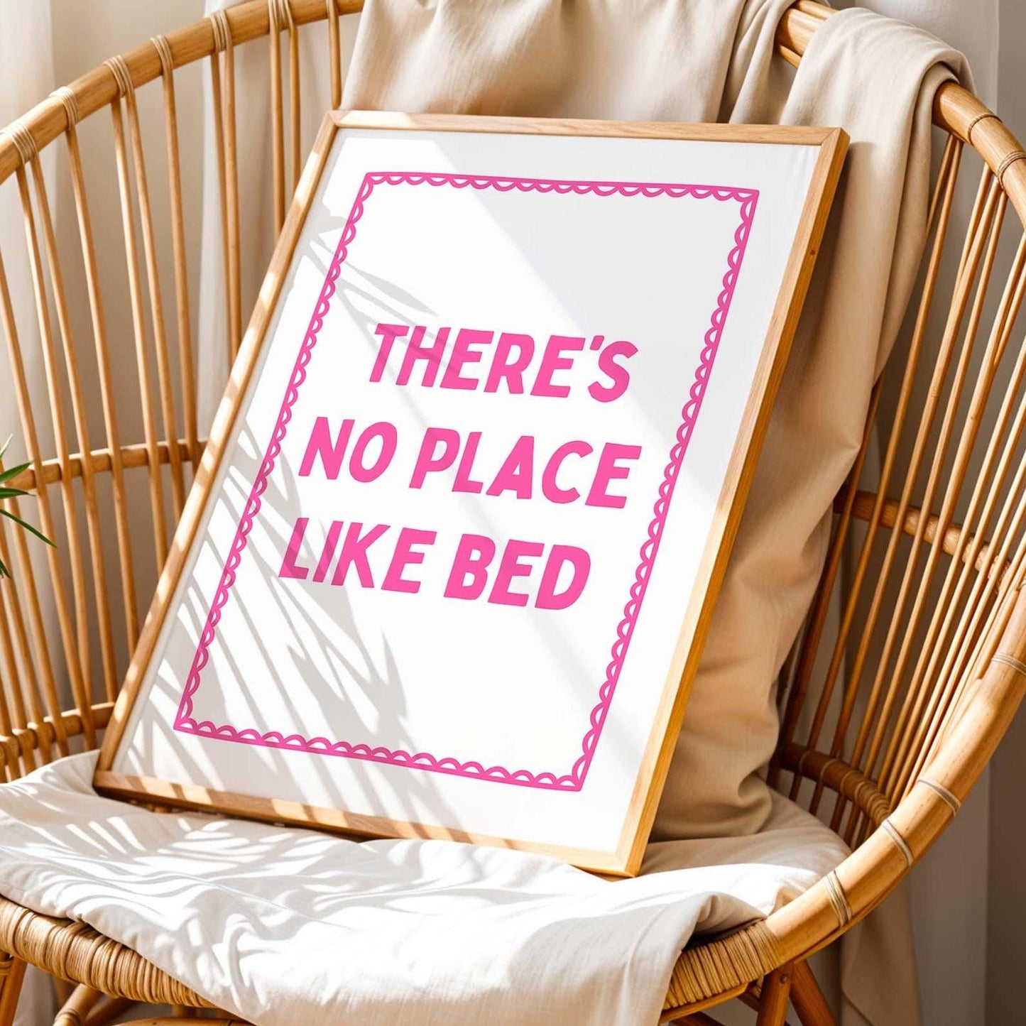 theres no place like bed wall art print white and pink